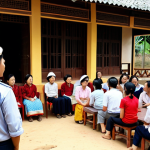 A Vietnamese local government official (female) interacting with citizens in a community meeting. The scene should portray her listening attentively to their concerns, possibly related to land disputes, with a friendly and approachable demeanor. The setting should be a typical communal house or public space in a Vietnamese ward or commune, emphasizing community engagement and problem-solving.