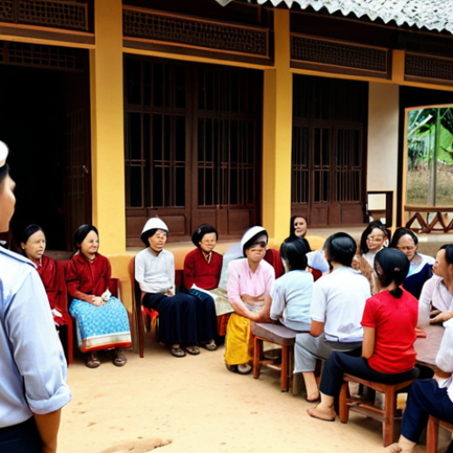 Home 19 A Vietnamese local government official (female) interacting with citizens in a community meeting. The scene should portray her listening attentively to their concerns, possibly related to land disputes, with a friendly and approachable demeanor. The setting should be a typical communal house or public space in a Vietnamese ward or commune, emphasizing community engagement and problem-solving.