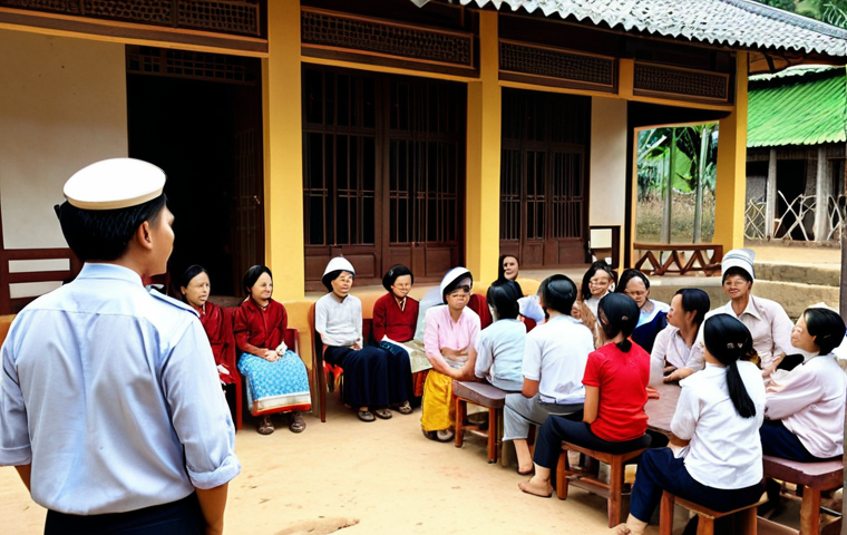 A Vietnamese local government official (female) interacting with citizens in a community meeting. The scene should portray her listening attentively to their concerns, possibly related to land disputes, with a friendly and approachable demeanor. The setting should be a typical communal house or public space in a Vietnamese ward or commune, emphasizing community engagement and problem-solving.