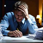 **

Overworked office worker looking stressed and exhausted at their desk piled with papers, late at night, illuminated by computer screen glow. Depict a sense of burnout and neglecting personal life.

**