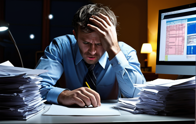 **
Overworked office worker looking stressed and exhausted at their desk piled with papers, late at night, illuminated by computer screen glow. Depict a sense of burnout and neglecting personal life.
**