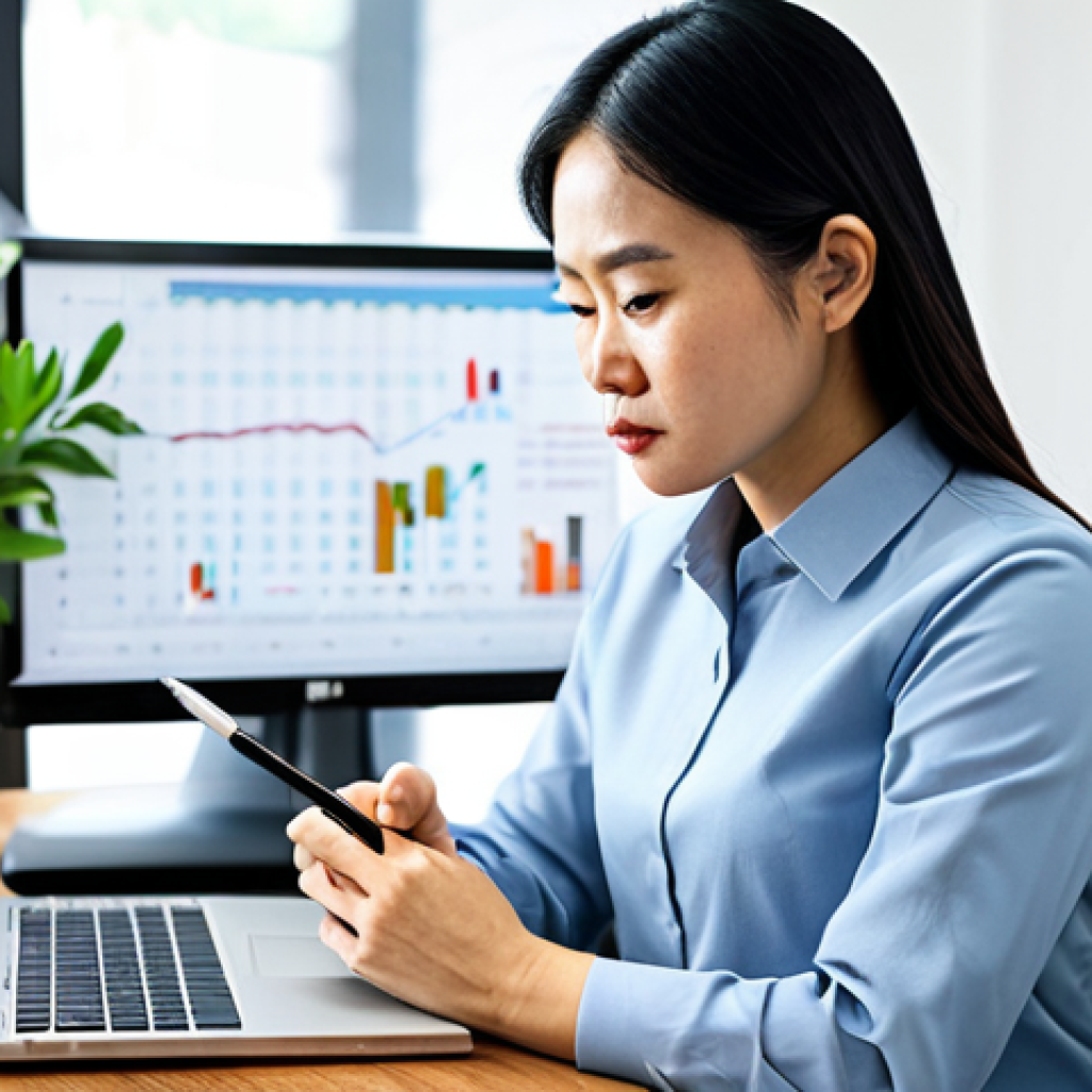 A focused Vietnamese woman, in her late 30s, wearing a modest business shirt and trousers, sitting at a clean, well-lit desk in a modern home office. On the desk, a laptop displays detailed financial charts and a notebook with neatly written notes. She is looking intently at the screen, a pen in hand, indicating diligent financial planning. The background is slightly blurred, showing a subtle plant or a bookshelf. Perfect anatomy, correct proportions, natural pose, well-formed hands, proper finger count, natural body proportions, professional photography, high quality, sharp focus. safe for work, appropriate content, fully clothed, professional dress.