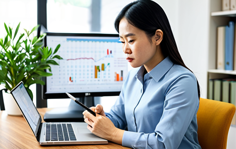 A focused Vietnamese woman, in her late 30s, wearing a modest business shirt and trousers, sitting at a clean, well-lit desk in a modern home office. On the desk, a laptop displays detailed financial charts and a notebook with neatly written notes. She is looking intently at the screen, a pen in hand, indicating diligent financial planning. The background is slightly blurred, showing a subtle plant or a bookshelf. Perfect anatomy, correct proportions, natural pose, well-formed hands, proper finger count, natural body proportions, professional photography, high quality, sharp focus. safe for work, appropriate content, fully clothed, professional dress.