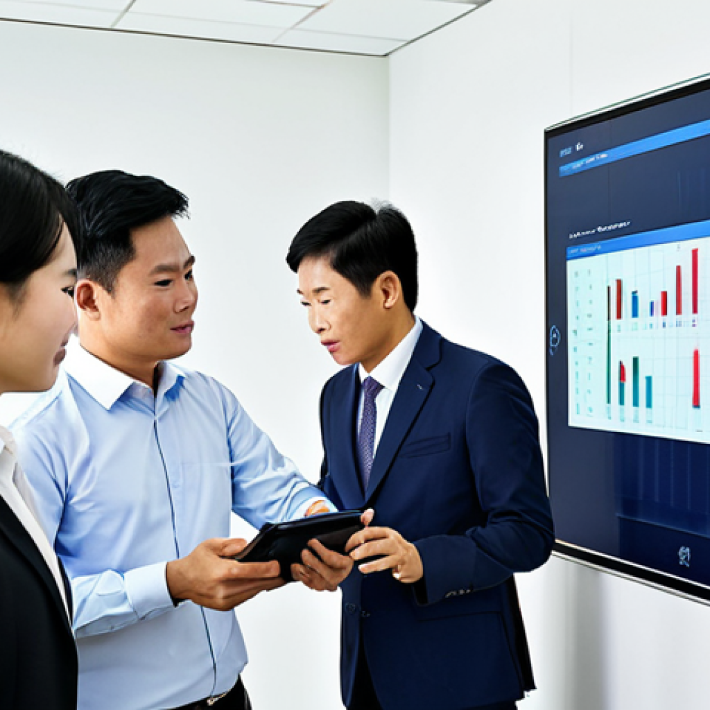 A group of professional Vietnamese civil servants, fully clothed in modern business attire, collaborating around a large, interactive digital display in a contemporary government office. One female civil servant is confidently presenting data on the screen, while a male colleague attentively takes notes on a tablet, and another watches with engaged expression. The scene emphasizes teamwork and technology integration, with natural pose, perfect anatomy, correct proportions, well-formed hands, and proper finger count. The lighting is bright and even, reflecting a high-quality professional photograph, safe for work, appropriate content, modest clothing, family-friendly.