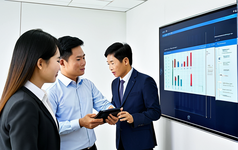 A group of professional Vietnamese civil servants, fully clothed in modern business attire, collaborating around a large, interactive digital display in a contemporary government office. One female civil servant is confidently presenting data on the screen, while a male colleague attentively takes notes on a tablet, and another watches with engaged expression. The scene emphasizes teamwork and technology integration, with natural pose, perfect anatomy, correct proportions, well-formed hands, and proper finger count. The lighting is bright and even, reflecting a high-quality professional photograph, safe for work, appropriate content, modest clothing, family-friendly.