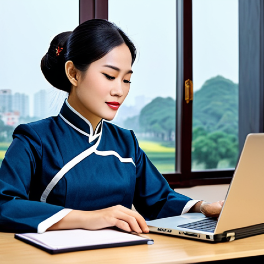 **

"A professional businesswoman in a modest ao dai (traditional Vietnamese dress), working on a laptop at a desk in a modern Hanoi office, fully clothed, appropriate attire, safe for work, perfect anatomy, natural proportions, professional photography, high quality. The office has a view of Hoan Kiem Lake in the background."

**