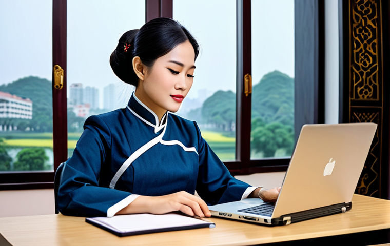 **
"A professional businesswoman in a modest ao dai (traditional Vietnamese dress), working on a laptop at a desk in a modern Hanoi office, fully clothed, appropriate attire, safe for work, perfect anatomy, natural proportions, professional photography, high quality. The office has a view of Hoan Kiem Lake in the background."
**