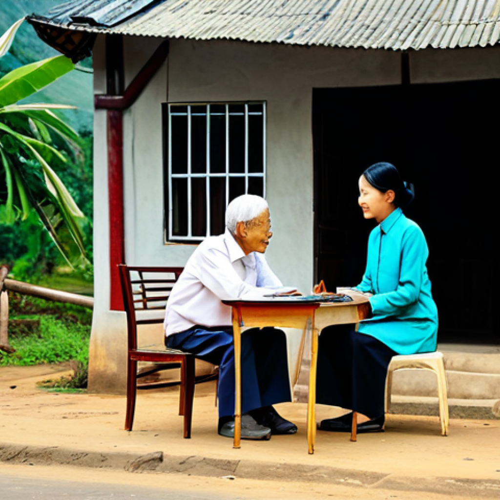 Community Engagement**

"A young, professional public servant, fully clothed in modest office attire, respectfully listening to an elderly Vietnamese citizen in a rural village setting, appropriate content, safe for work, perfect anatomy, natural proportions, friendly atmosphere, vibrant colors, professional photography."

**