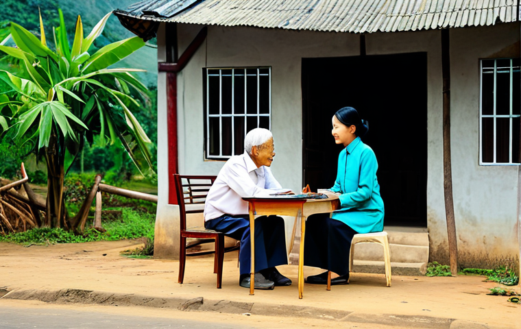 Community Engagement**
"A young, professional public servant, fully clothed in modest office attire, respectfully listening to an elderly Vietnamese citizen in a rural village setting, appropriate content, safe for work, perfect anatomy, natural proportions, friendly atmosphere, vibrant colors, professional photography."
**