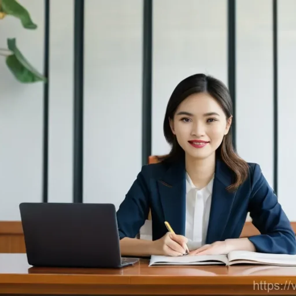 지방공무원 직렬별 승진 가능성 분석 - **Prompt:** A young Vietnamese female civil servant, approximately 30-35 years old, sits at a clean,...