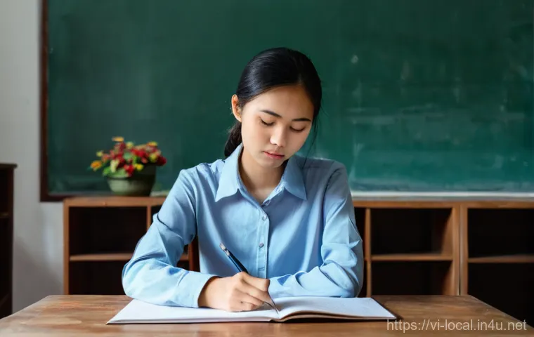 지방공무원 필기시험 꿀팁 모음 - **Image Prompt: Focused Study and Mock Exam Practice**
A determined young Vietnamese woman, aged...