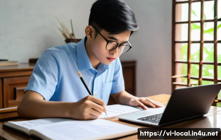 지방공무원 필기시험 모의고사 추천 - A Vietnamese young adult studying diligently at a wooden desk in a cozy room, surrounded by textbook...