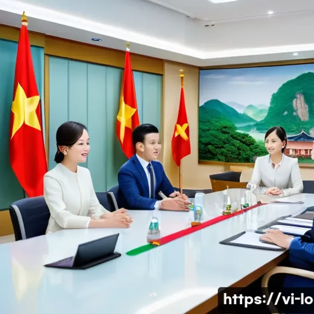 지방공무원 신규 채용 공고 분석 - A professional Vietnamese local government office scene showing a diverse group of young Vietnamese ...
