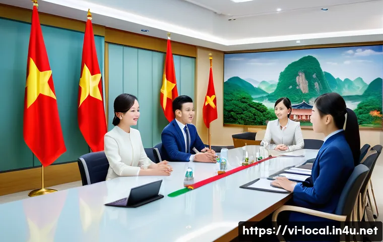 지방공무원 신규 채용 공고 분석 - A professional Vietnamese local government office scene showing a diverse group of young Vietnamese ...