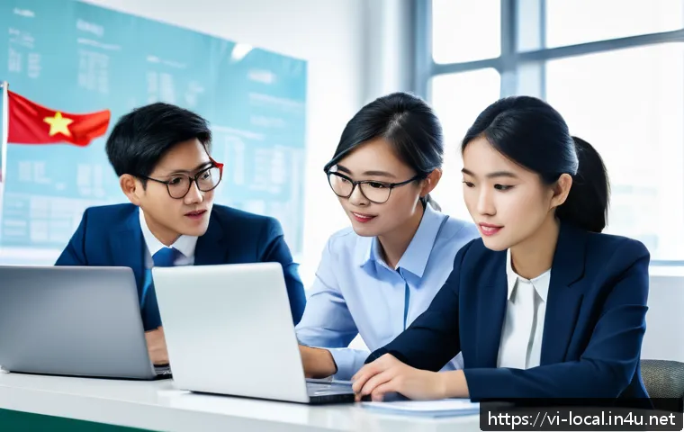 지방공무원 관련 최신 뉴스 해석 - A modern Vietnamese public servant office scene showing a diverse group of young professionals in bu...