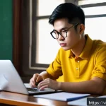 Home 20 지방공무원 직무 적성 검사 준비 - A focused Vietnamese young adult studying at a neat desk in a cozy room filled with official governm...