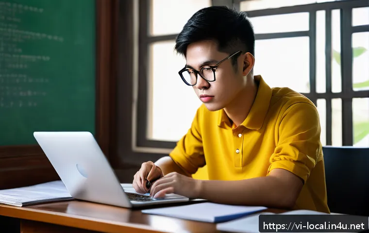지방공무원 직무 적성 검사 준비 - A focused Vietnamese young adult studying at a neat desk in a cozy room filled with official governm...