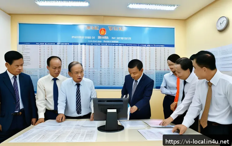 지방공무원 연금 제도 이해하기 - A detailed and professional scene of a Vietnamese local government office, showing a diverse group o...
