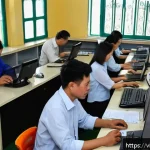 Home 18 지방공무원 직무 관련 질문과 답변 - A busy local government office in a Vietnamese commune, showing diverse administrative staff members...
