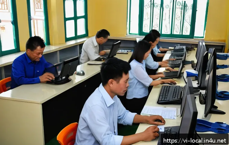 지방공무원 직무 관련 질문과 답변 - A busy local government office in a Vietnamese commune, showing diverse administrative staff members...