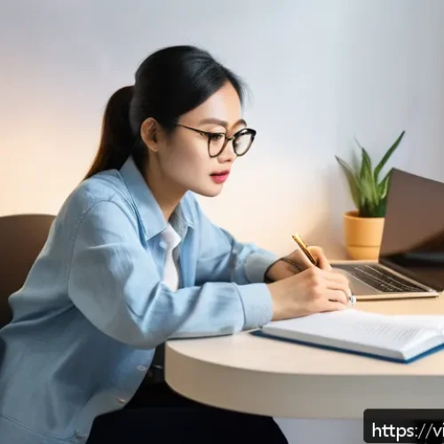 Home 17 지방공무원 재직 중 학위 취득 노하우 - A Vietnamese professional woman studying online at home in the evening, sitting at a modern desk wit...