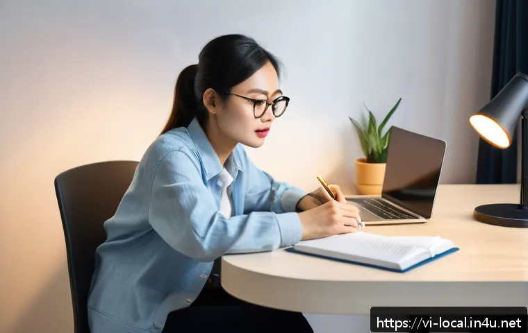 지방공무원 재직 중 학위 취득 노하우 - A Vietnamese professional woman studying online at home in the evening, sitting at a modern desk wit...